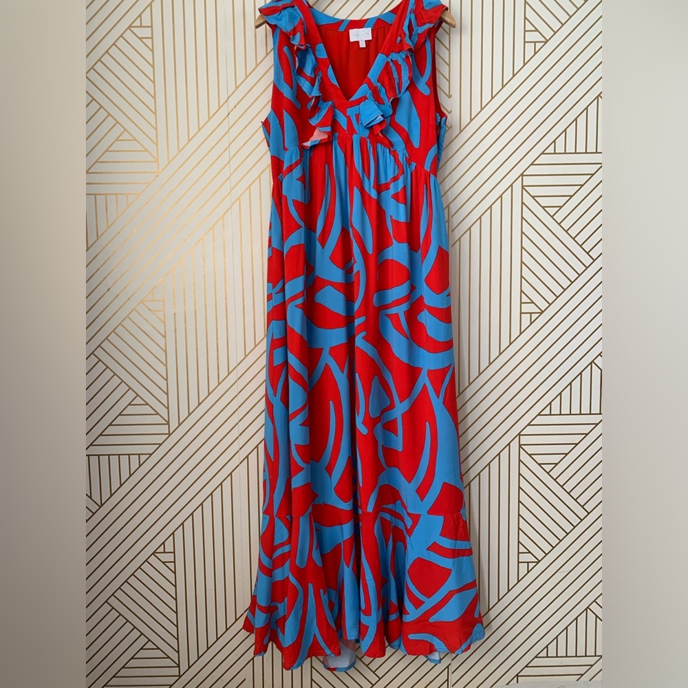 Sugarlips Ohana Bayla Deep V Maxi Dress ruffle abstract floral leaves 100% Rayon - Picture 8 of 8